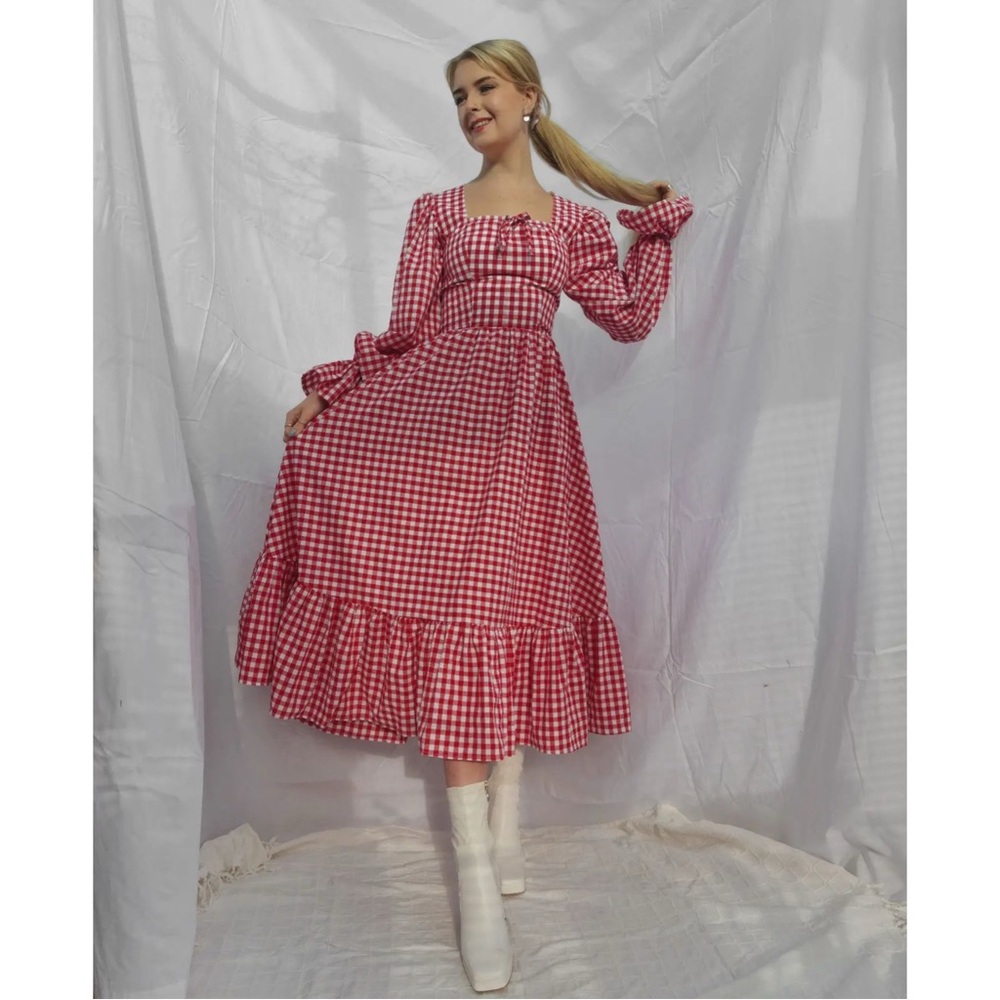 Red Gingham Long Sleeve Dress